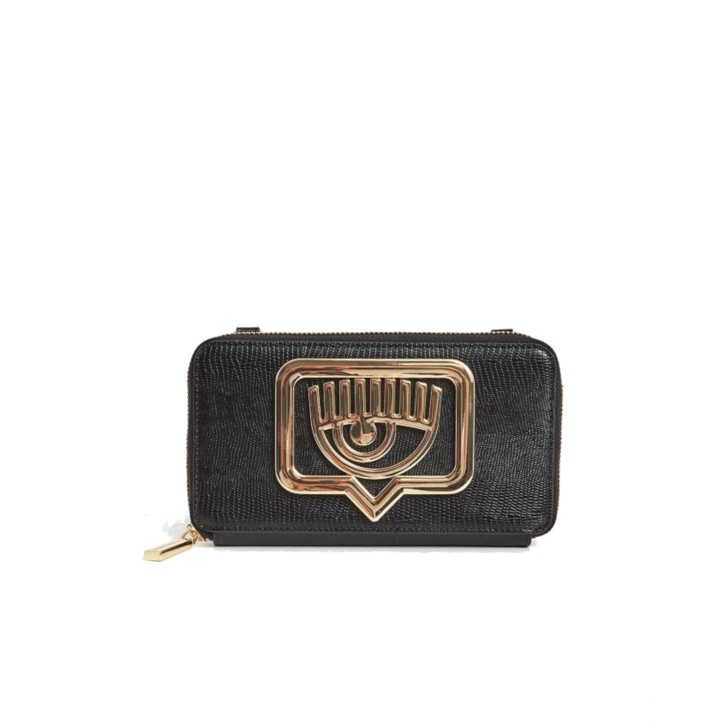 CHIARA FERRAGNI PORTAFOGLIO BLACK CON LOGO IN METALLO DORATO EYELIKE E TRACOLLA IN CATENA ESTRAIBILE