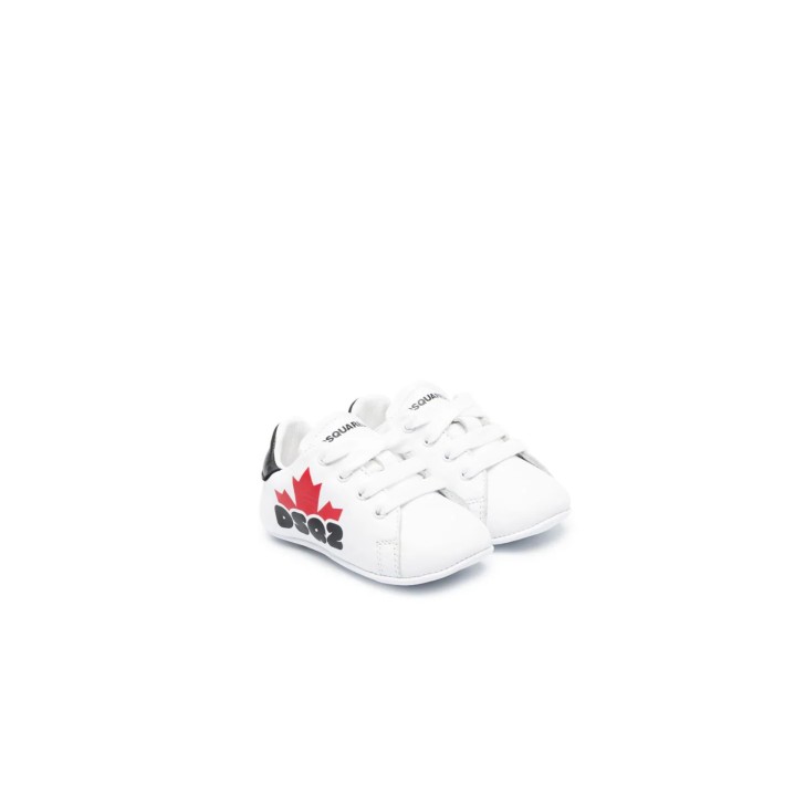 DSQUARED2 NEWBORN HALF LEAF LOGO PRINT SNEAKERS LACE UP WHITE/BLACK/RED