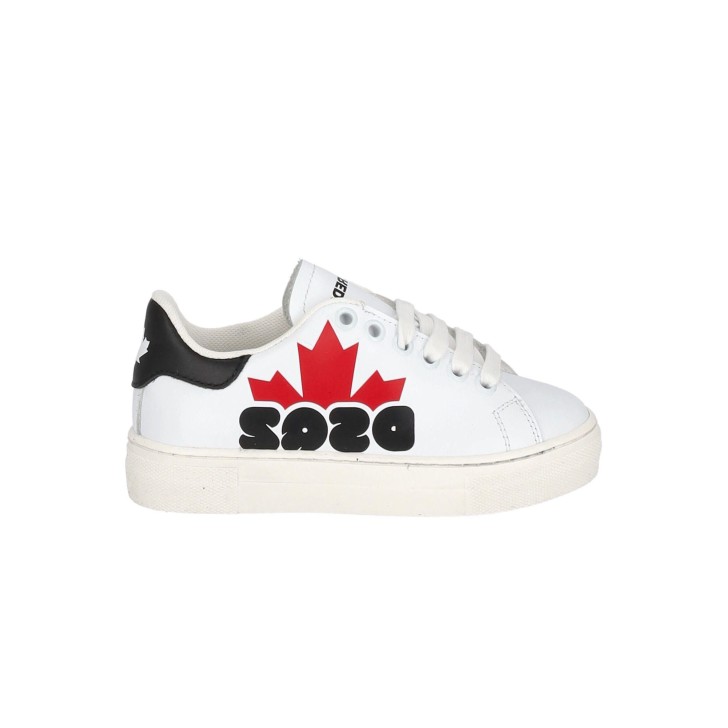 DSQUARED2 HALF LEAF LOGO PRINT BOXER SNEAKERS LACE UP - Colore: WHITE/BLACK