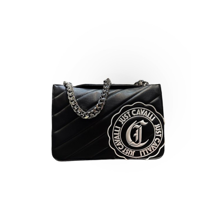 Just Cavalli Borsa Nera trapuntata con maxi logo gommato con manico in catena e tracolla estraibile 
