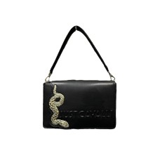 Just Cavalli Borsa in saffiano Nera a mano con tracolla in catena estraibile con logo lettering e Iconic Snake