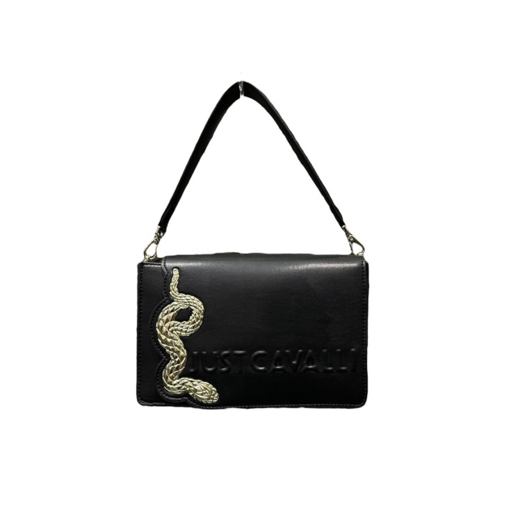 Just Cavalli Borsa in saffiano Nera a mano con tracolla in catena estraibile con logo lettering e Iconic Snake