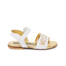 MOSCHINO SANDALO BASSO IN PELLE WHITE CON LOGO LETTERING CON STRASS GOLD