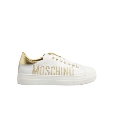 MOSCHINO SNEAKER IN PELLE BIANCA CON LOGO LETTERING IN STRASS GOLD