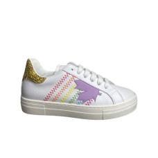 DSQUARED2 SNEAKER IN LEATHER WHITE CON LOGO MULTICOLOR E PARTE POSTERIORE GLITTER GOLD
