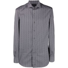 Emporio Armani Camicia Blu SLIM FIT con stampa Lettering all over da Uomo