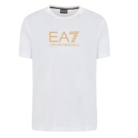 EA7 EMPORIO ARMANI T-SHIRT REGULAR FIT IN JERSEY DI COTONE WHITE A MANICA CORTA CON LOGO LETTERING GOLD