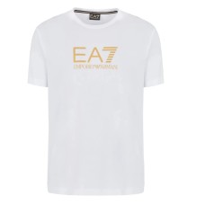 EA7 EMPORIO ARMANI T-SHIRT REGULAR FIT IN JERSEY DI COTONE WHITE A MANICA CORTA CON LOGO LETTERING GOLD