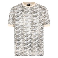 EA7 EMPORIO ARMANI T-SHIRT A MANICA CORTA IN JERSEY DI COTONE REGULAR FIT BEIGE CON STAMPA MONOGRAM LOGO LETTERING ALL OVER	