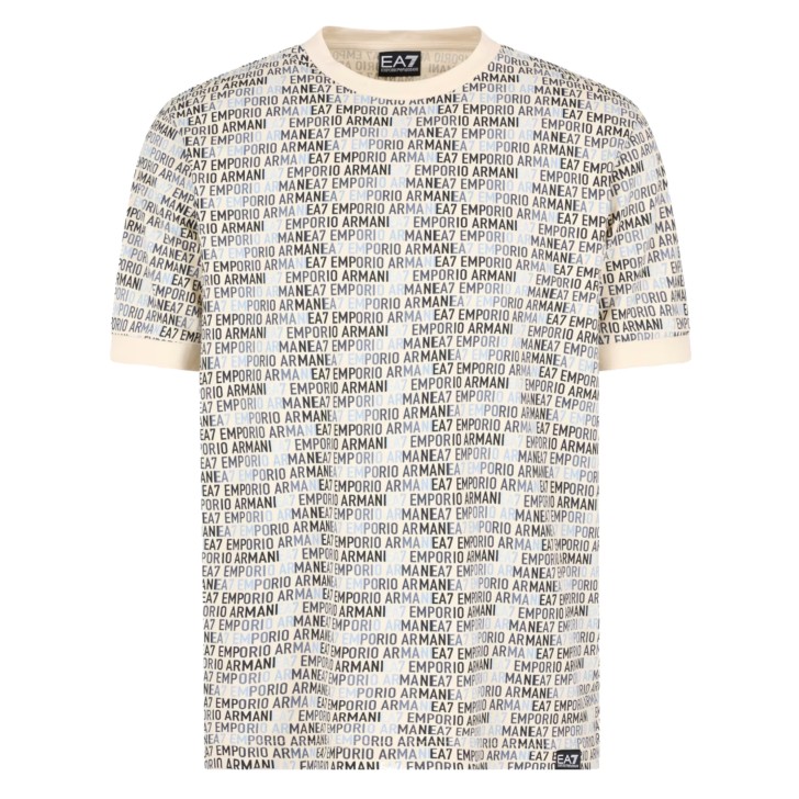 EA7 EMPORIO ARMANI T-SHIRT A MANICA CORTA IN JERSEY DI COTONE REGULAR FIT BEIGE CON STAMPA MONOGRAM LOGO LETTERING ALL OVER	