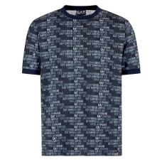 EA7 EMPORIO ARMANI T-SHIRT A MANICA CORTA IN JERSEY DI COTONE REGULAR FIT BLUE CON STAMPA MONOGRAM LOGO LETTERING ALL OVER