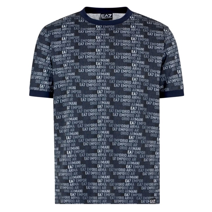 EA7 EMPORIO ARMANI T-SHIRT A MANICA CORTA IN JERSEY DI COTONE REGULAR FIT BLUE CON STAMPA MONOGRAM LOGO LETTERING ALL OVER