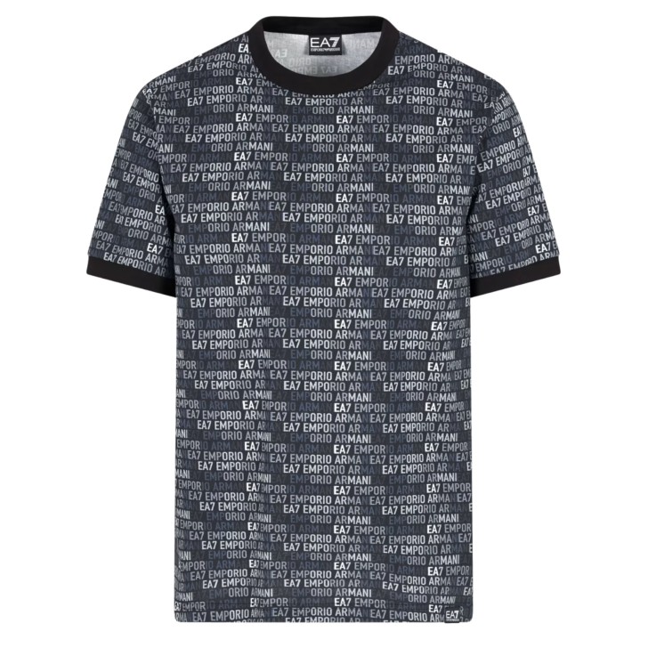 EA7 EMPORIO ARMANI T-SHIRT A MANICA CORTA IN JERSEY DI COTONE REGULAR FIT BLACK CON STAMPA MONOGRAM LOGO LETTERING ALL OVER	