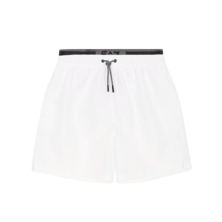 EA7 EMPORIO ARMANI BOXER DA MARE BIANCO CON ELASTICO IN VITA GRIGIO CON LOGO LETTERING 