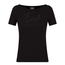 EA7 EMPORIO ARMANI T-SHIRT SCOLLO A BARCHETTA A MANICA CORTA BLACK IN COTONE STRETH CON LOGO SERIES RICAMATO 