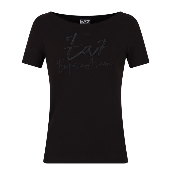 EA7 EMPORIO ARMANI T-SHIRT SCOLLO A BARCHETTA A MANICA CORTA BLACK IN COTONE STRETH CON LOGO SERIES RICAMATO 