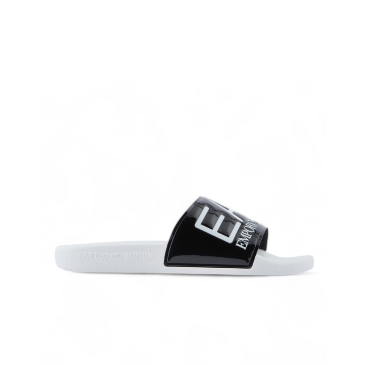 EA7 EMPORIO ARMANI CIABATTA DA UOMO BIANCA E NERA CON LOGO LETTERING BIANCO 