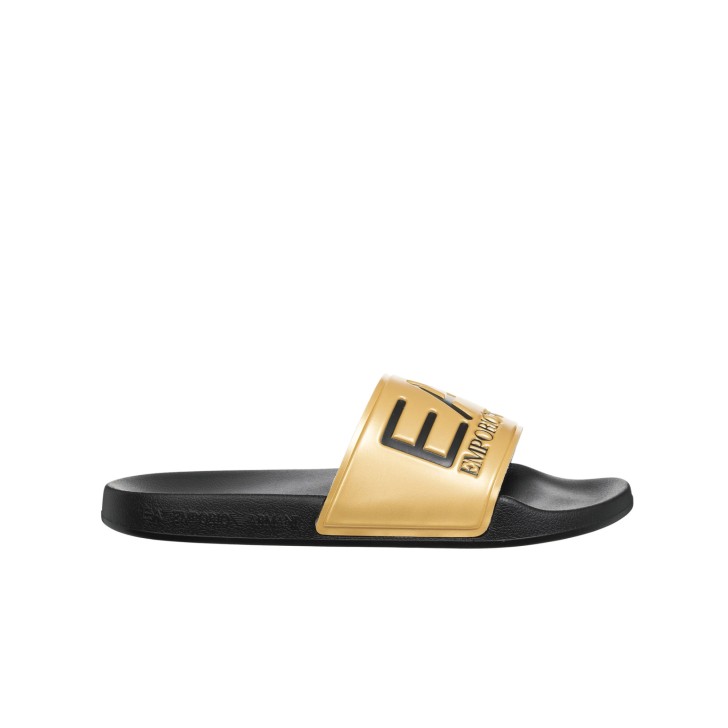 EA7 EMPORIO ARMANI CIABATTA DA UOMO NERA CON FASCIA ORO CON LOGO LETTERING NERO  