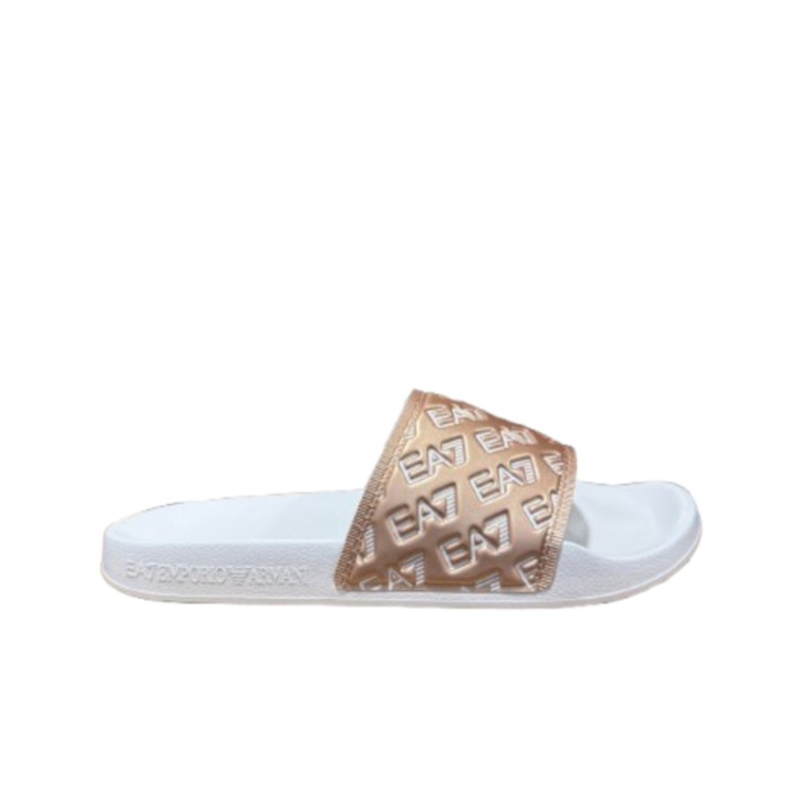 EA7 EMPORIO ARMANI CIABATTA DA DONNA BIANCA CON FASCIA ORO INTERAMENTE LOGATA 