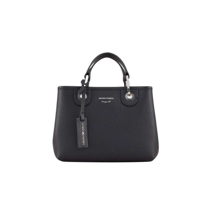 Emporio Armani Borsa a mano MyEA Bag Small Blu Navy stampa cervo con tracolla in nastro con logo lettering All Over regolabile, estraibile