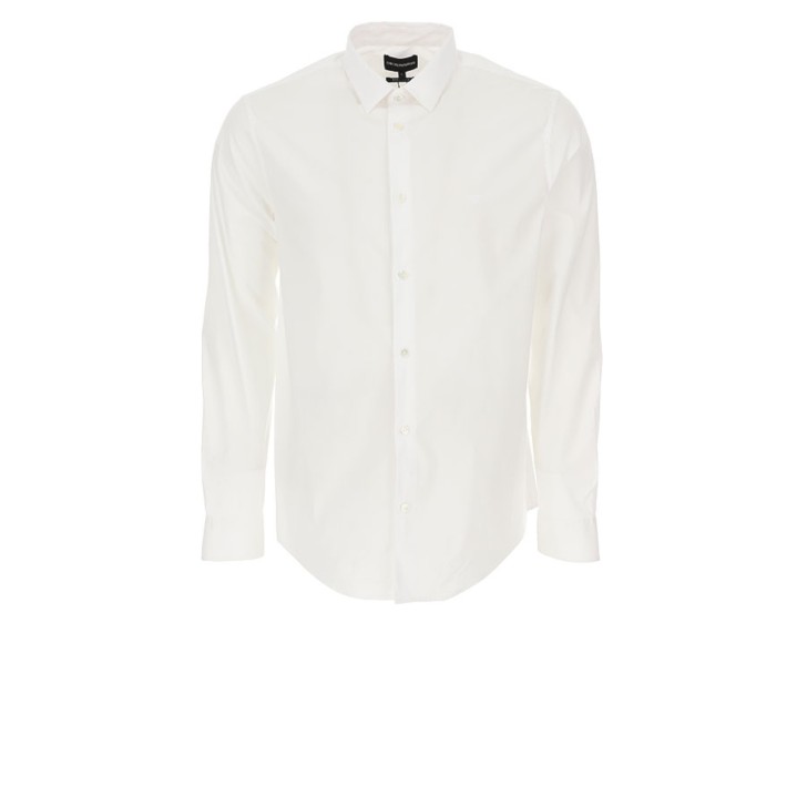 EMPORIO ARMANI SHIRT WHITE A MANICA LUNGA CON LOGO AQUILA RICAMATO TONO SU TONO