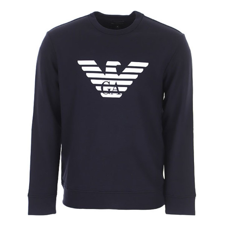 EMPORIO ARMANI FELPA BLU NAVY IN MISTO MODAL CON MAXI STAMPA LOGO AQUILA WHITE