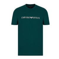 Emporio Armani T-Shirt Verde a manica corta in jersey Pima con logo lettering stampato