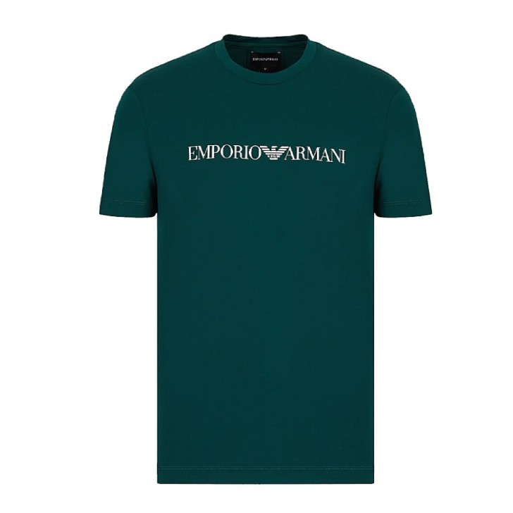 EMPORIO ARMANI T-SHIRT A MANICA CORTA VERDE IN JERSEY PIMA CON STAMPA LOGO LETTERING WHITE