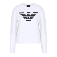 EMPORIO ARMANI FELPA GIROCOLLO WHITE IN JERSEY ORGANICO CON LOGO AQUILA ASV BLUE