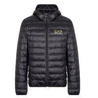 EA7 EMPORIO ARMANI GIUBBOTTO CON CAPPUCCIO BLACK CON LOGO LETTERING GOLD 