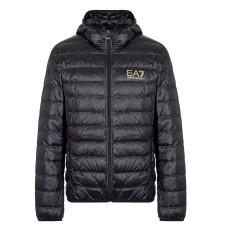EA7 EMPORIO ARMANI GIUBBOTTO CON CAPPUCCIO BLACK CON LOGO LETTERING GOLD 