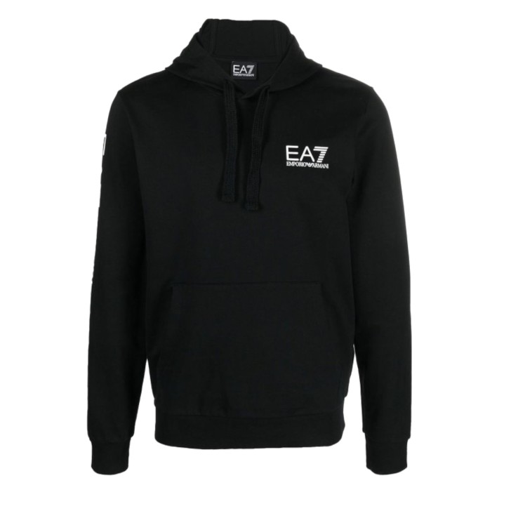 EA7 EMPORIO ARMANI FELPA CON CAPPUCCIO IN COTONE BLACK CON LOGO LETTERING WHITE
