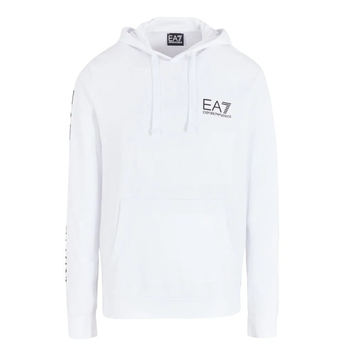 EA7 EMPORIO ARMANI FELPA CON CAPPUCCIO IN COTONE WHITE CON LOGO LETTERING BLACK
