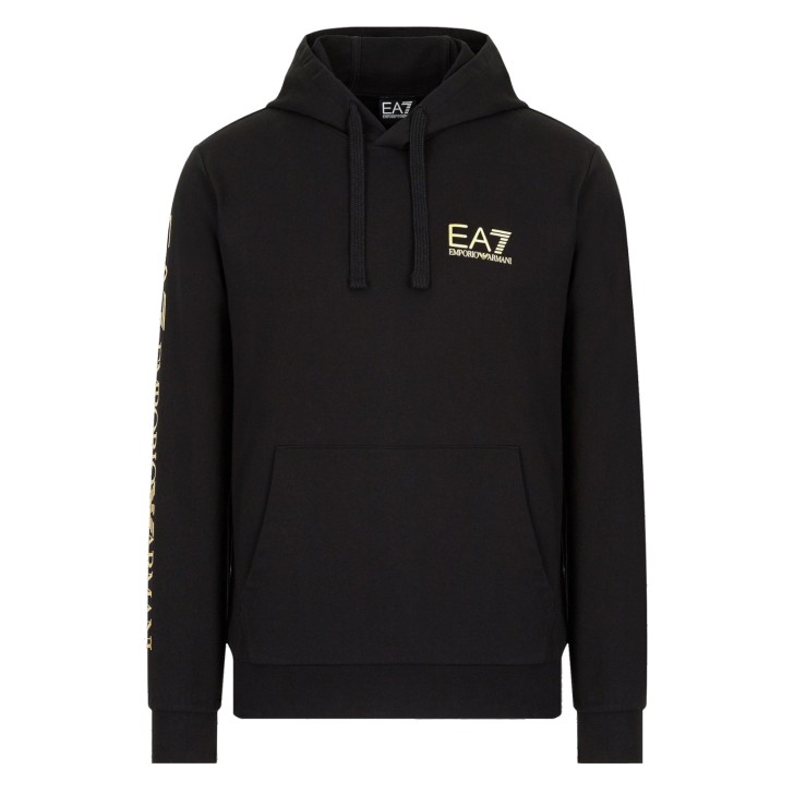 EA7 EMPORIO ARMANI FELPA CON CAPPUCCIO IN COTONE BLACK CON LOGO LETTERING GOLD