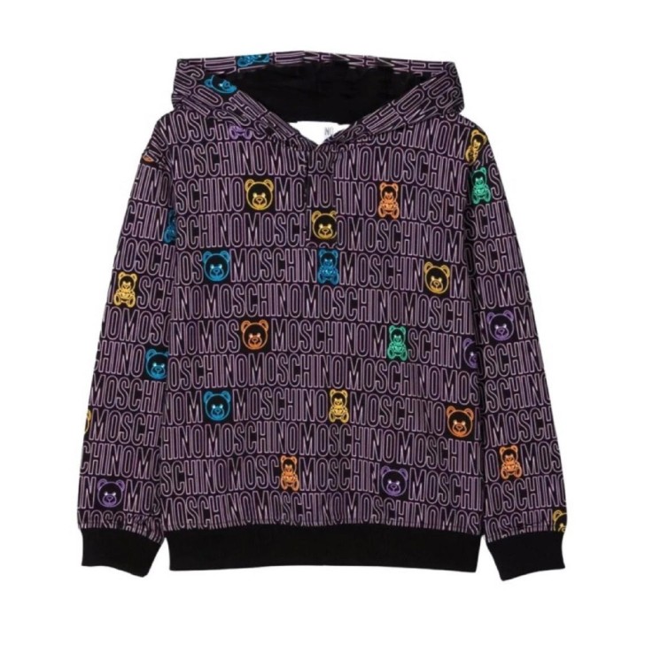 Moschino Felpa nera in cotone con cappuccio e logo lettering viola e Teddy Bear multicolor All Over