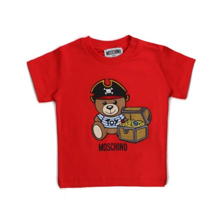 Moschino T-shirt rossa a manica corta con Teddy Bear e logo lettering 