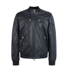 Peuterey  Giubbotto blu in pelle con dettagli in maglina e patch brand sulla manica sinistra