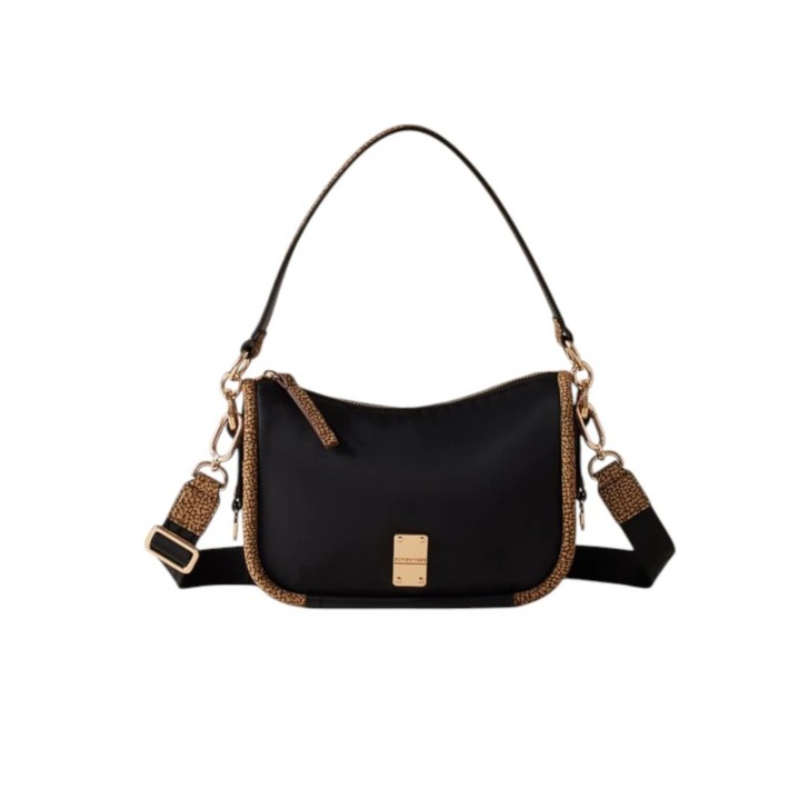 BORBONESE BORSA A SPALLA HOBO SMALL CAHIER IN TESSUTO RICICLATO BLACK E INSERTI IN CAMOSCIO OP 