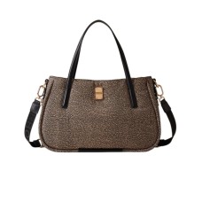 BORBONESE BORSA A SPALLA SHOPPING MEDIUM CAHIER IN NYLON OP NATURAL/BLACK