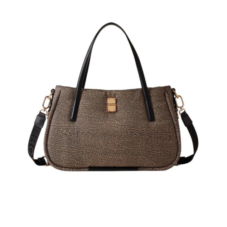 BORBONESE BORSA A SPALLA SHOPPING MEDIUM CAHIER IN NYLON OP NATURAL/BLACK