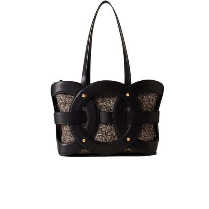BORBONESE BORSA A SPALLA SHOPPER MEDIUM IN NYLON OP NATURAL/BLACK ESTRAIBILE CON INSERTI IN LEATHER BLACK 