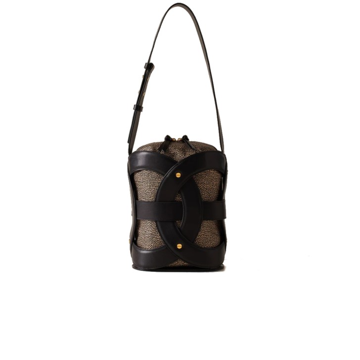 BORBONESE BORSA A SECCHIELLO MEDIUM IN NYLON OP NATURAL BLACK ESTRAIBILE CON INSERTI IN LEATHER BLACK