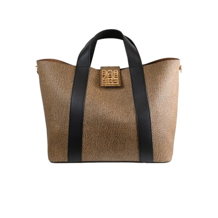 BORBONESE BORSA SHOPPING MEDIUM A MANO OP NATURAL/BLACK 