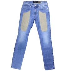 Jeckerson Jeans denim blu cinque tasche con toppe in Alcantara grigia