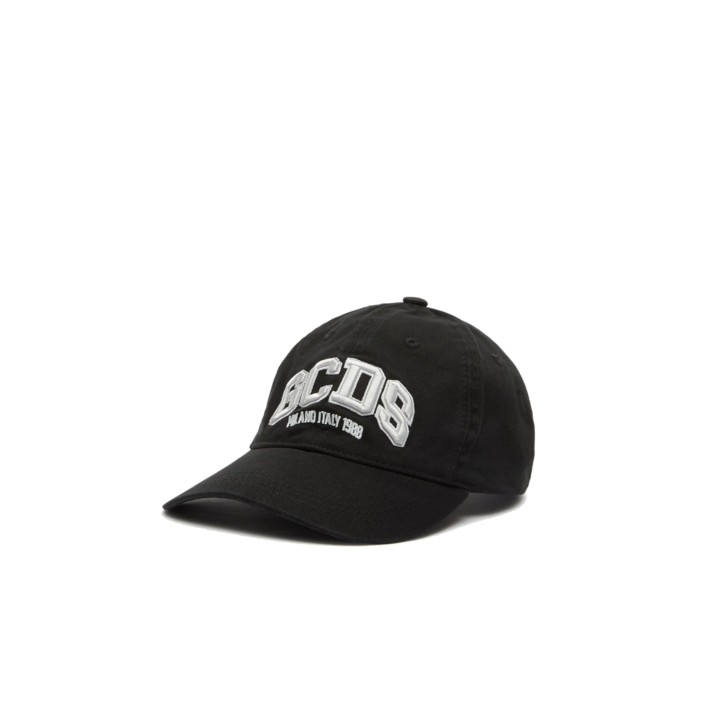 GCDS CAPPELLO DA BASEBALL IN GAMBARDINA DI COTONE UNISEX BLACK CON LOGO LOUGE GCDS 3D WHITE