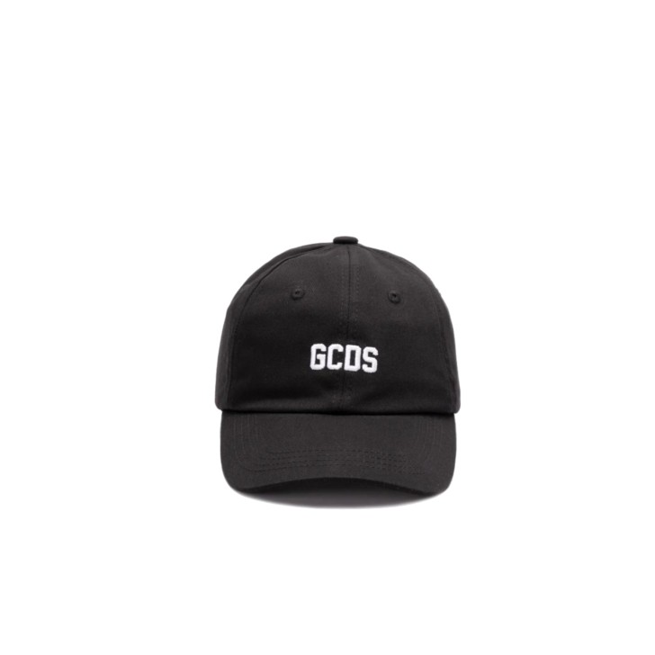 GCDS ESSENTIAL CAPPELLO DA BASEBALL IN GABARDINA DI COTONE UNISEX BLACK CON LOGO LETTERING GCDS RICAMATO WHITE