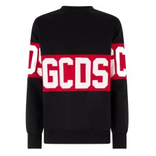 GCDS FELPA A GIROCOLLO BLACK UNISEX REGULAR CON BANDA LOGO SERIGRAFATA A CONTRASTO 