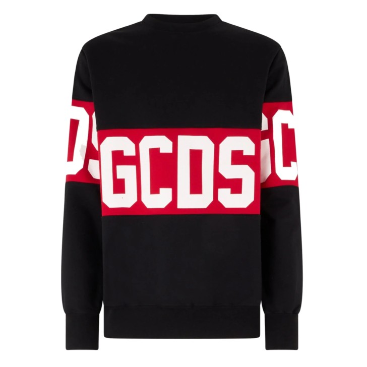 GCDS FELPA A GIROCOLLO BLACK UNISEX REGULAR CON BANDA LOGO SERIGRAFATA A CONTRASTO 