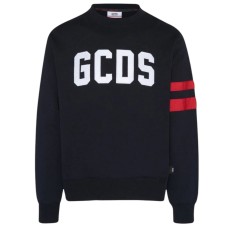 GCDS FELPA GIROCOLLO IN JERSEY DI COTONE BLACK UNISEX CON PATCH LOGO LETTERING WHITE GCDS