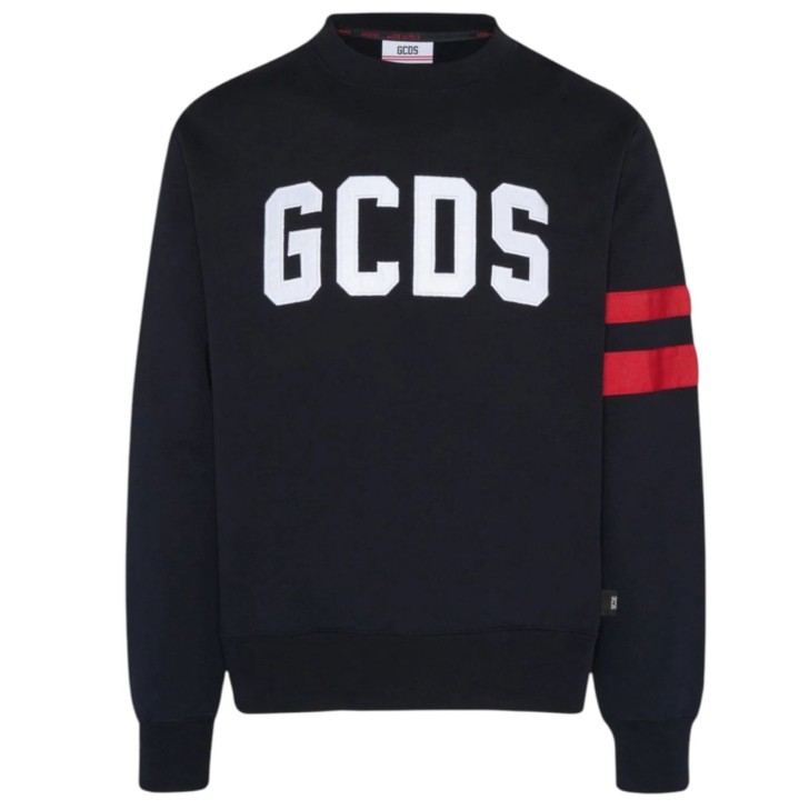 GCDS FELPA GIROCOLLO IN JERSEY DI COTONE BLACK UNISEX CON PATCH LOGO LETTERING WHITE GCDS